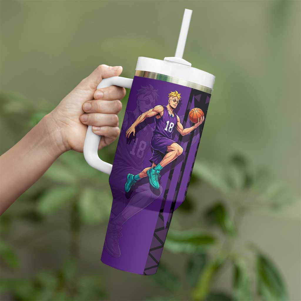 Marco One Piece Basketball Theme Purple and Black Design Tumbler With Handle with Phoenix Emblem and Action Pose - The Mazicc