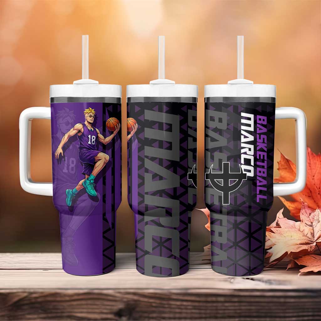 Marco One Piece Basketball Theme Purple and Black Design Tumbler With Handle with Phoenix Emblem and Action Pose - The Mazicc