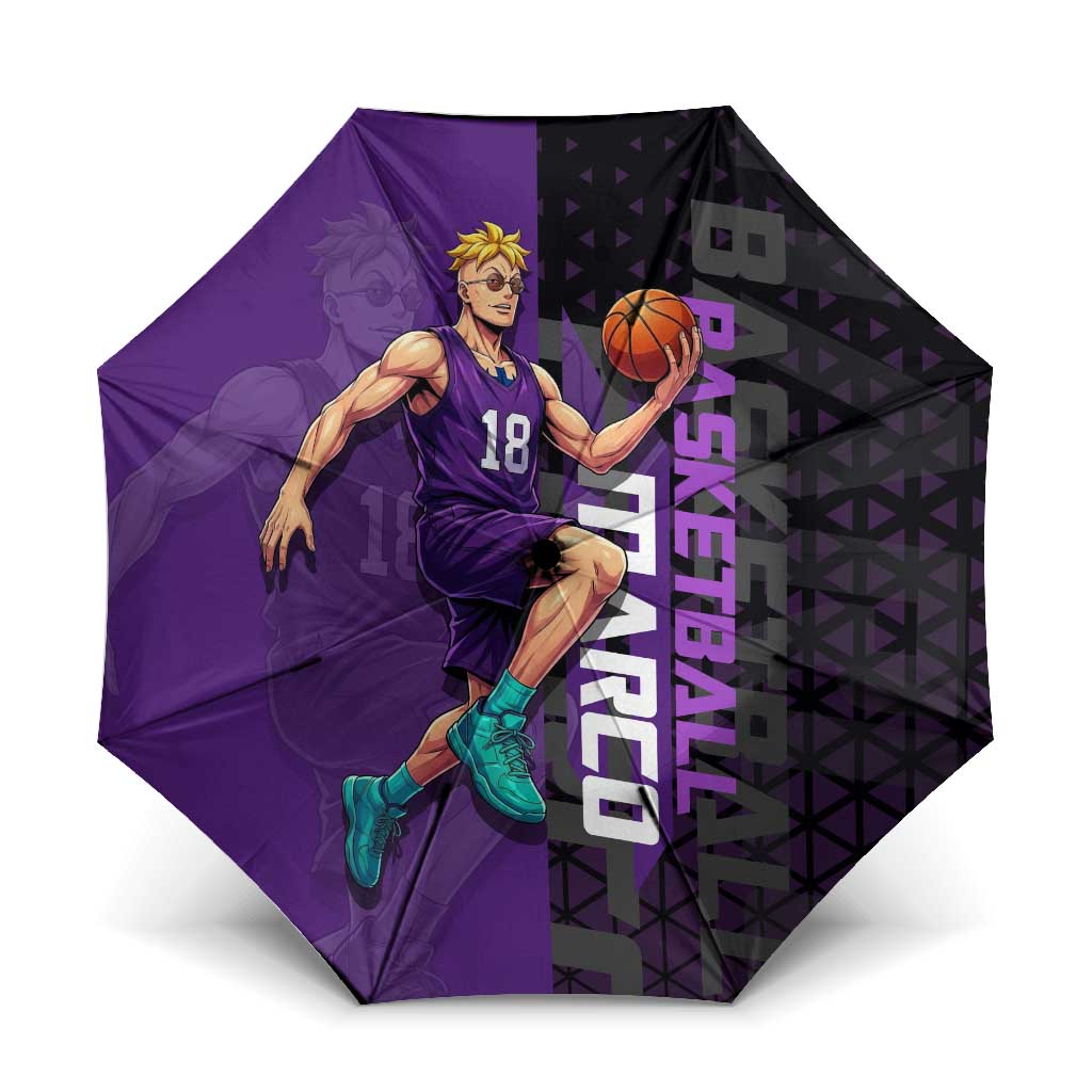 Marco One Piece Basketball Theme Purple and Black Design Umbrella with Phoenix Emblem and Action Pose - The Mazicc