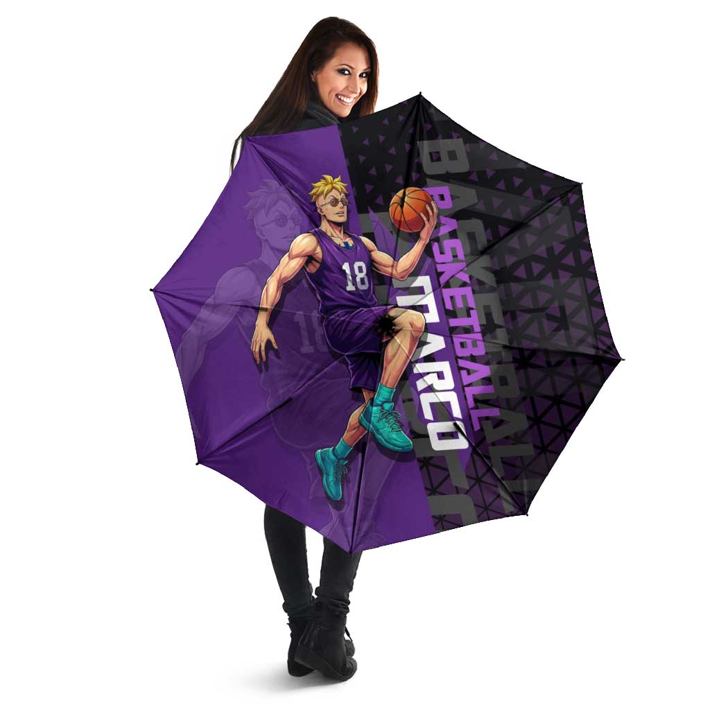 Marco One Piece Basketball Theme Purple and Black Design Umbrella with Phoenix Emblem and Action Pose - The Mazicc