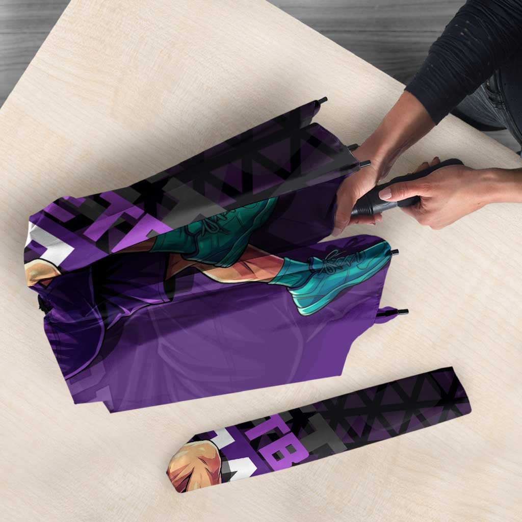 Marco One Piece Basketball Theme Purple and Black Design Umbrella with Phoenix Emblem and Action Pose - The Mazicc