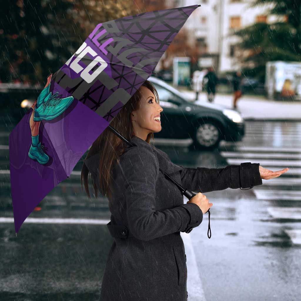 Marco One Piece Basketball Theme Purple and Black Design Umbrella with Phoenix Emblem and Action Pose - The Mazicc