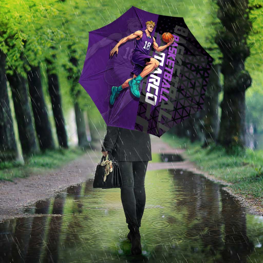 Marco One Piece Basketball Theme Purple and Black Design Umbrella with Phoenix Emblem and Action Pose - The Mazicc