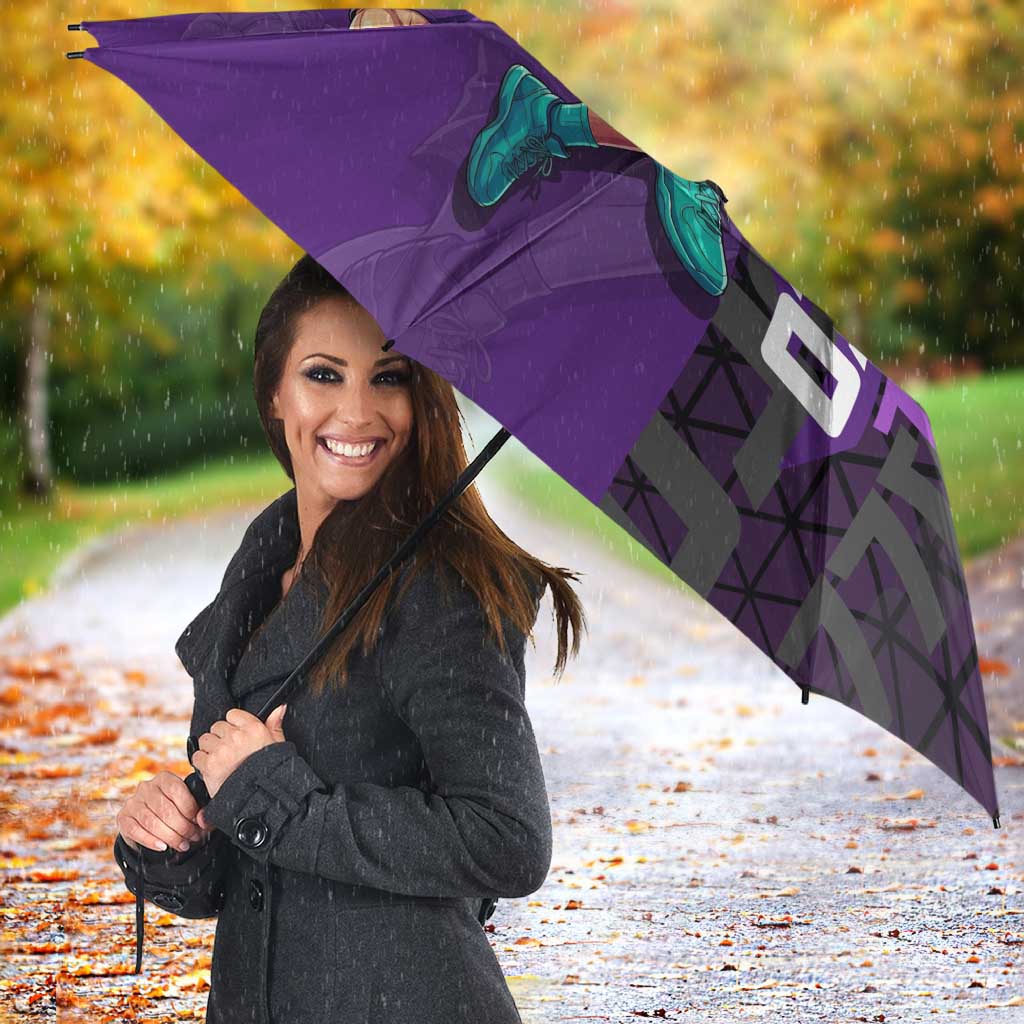 Marco One Piece Basketball Theme Purple and Black Design Umbrella with Phoenix Emblem and Action Pose - The Mazicc