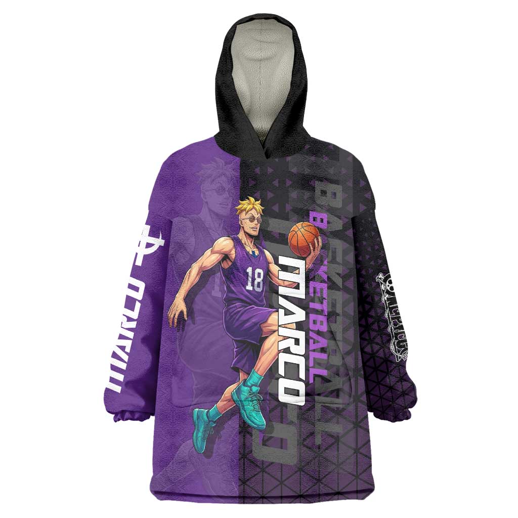 Marco One Piece Basketball Theme Purple and Black Design Wearable Blanket Hoodie with Phoenix Emblem and Action Pose - The Mazicc
