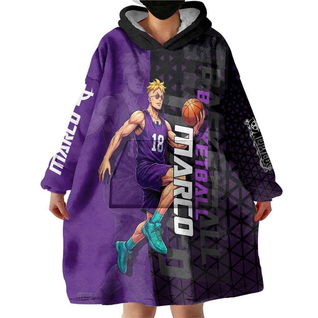 Marco One Piece Basketball Theme Purple and Black Design Wearable Blanket Hoodie with Phoenix Emblem and Action Pose - The Mazicc