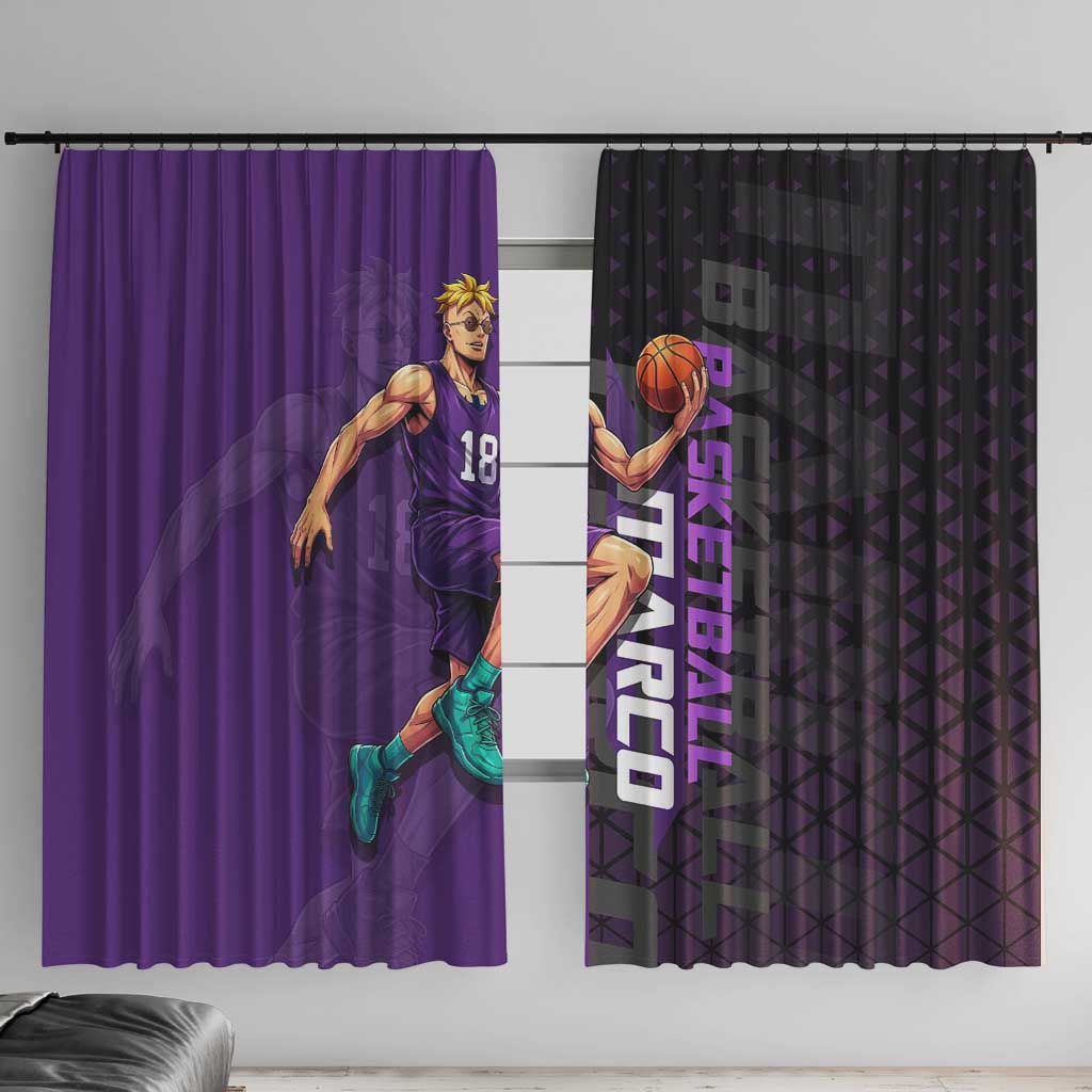Marco One Piece Basketball Theme Purple and Black Design Window Curtain with Phoenix Emblem and Action Pose - The Mazicc