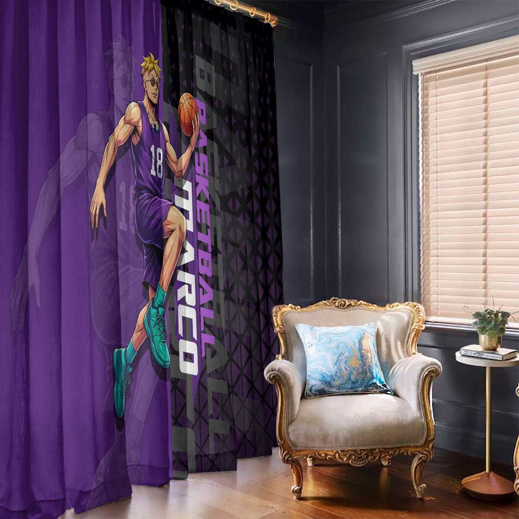 Marco One Piece Basketball Theme Purple and Black Design Window Curtain with Phoenix Emblem and Action Pose - The Mazicc