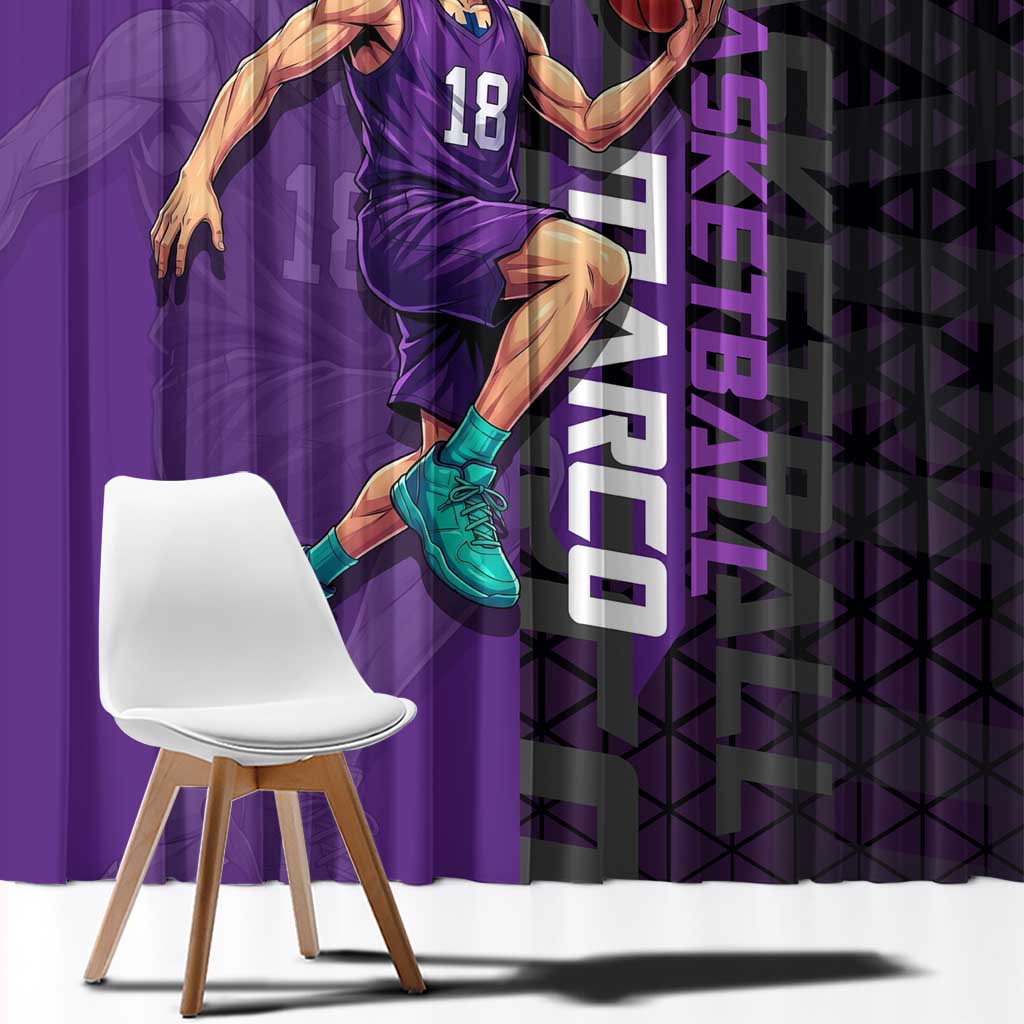 Marco One Piece Basketball Theme Purple and Black Design Window Curtain with Phoenix Emblem and Action Pose - The Mazicc