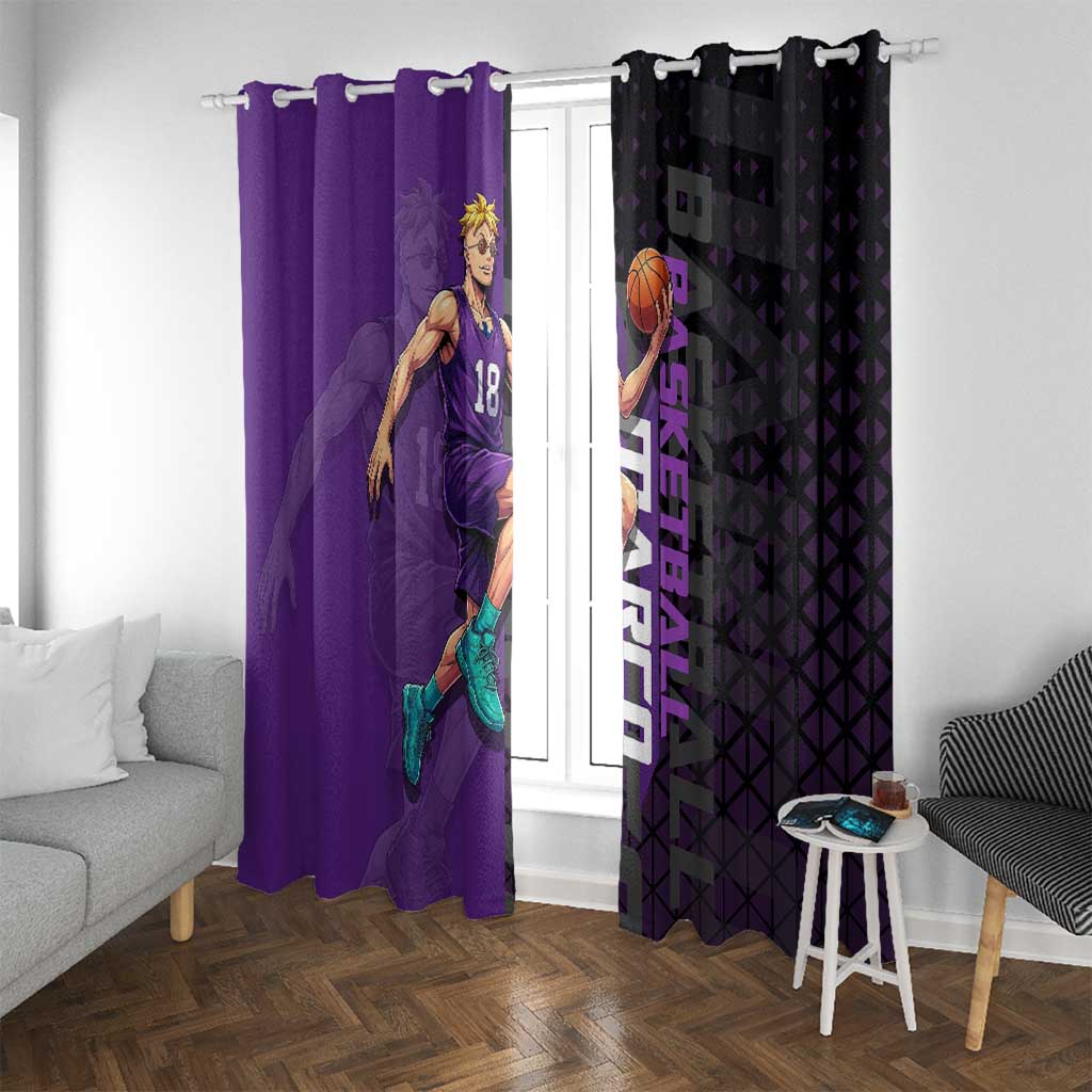 Marco One Piece Basketball Theme Purple and Black Design Window Curtain with Phoenix Emblem and Action Pose - The Mazicc