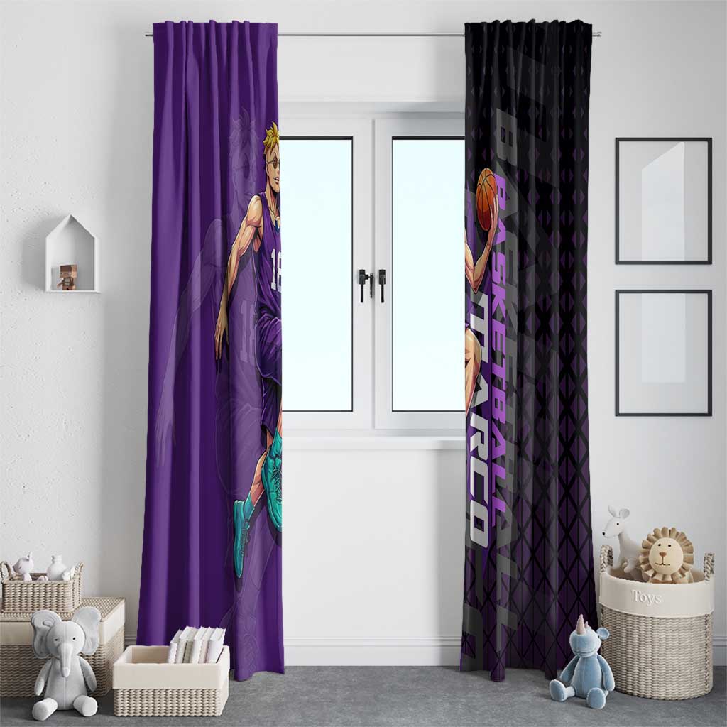 Marco One Piece Basketball Theme Purple and Black Design Window Curtain with Phoenix Emblem and Action Pose - The Mazicc