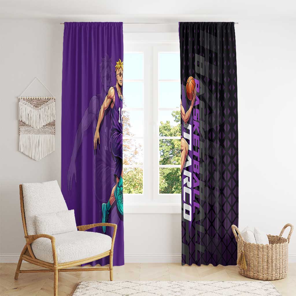 Marco One Piece Basketball Theme Purple and Black Design Window Curtain with Phoenix Emblem and Action Pose - The Mazicc