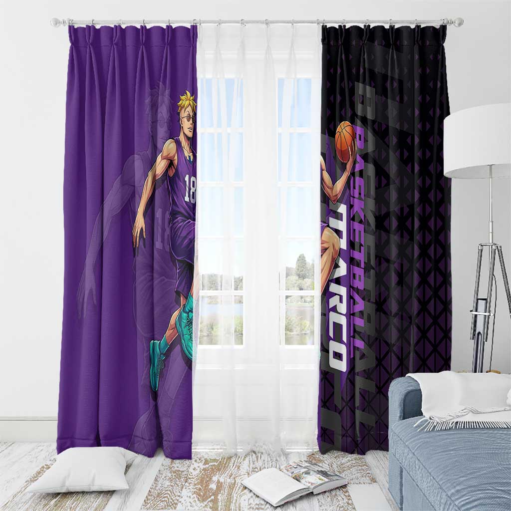 Marco One Piece Basketball Theme Purple and Black Design Window Curtain with Phoenix Emblem and Action Pose - The Mazicc