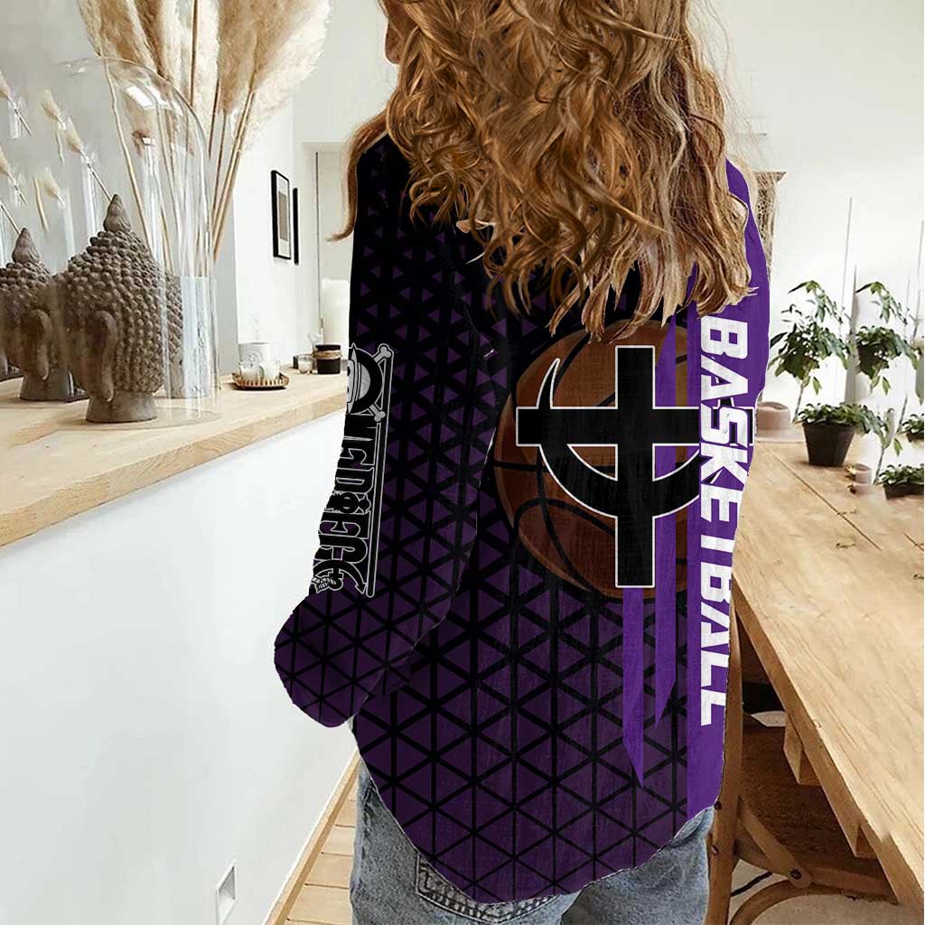 Marco One Piece Basketball Theme Purple and Black Design Women Casual Shirt with Phoenix Emblem and Action Pose - The Mazicc