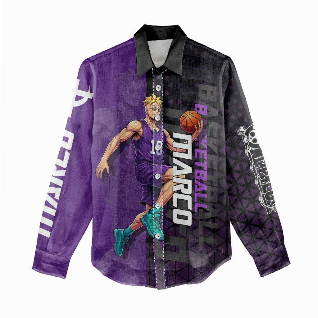 Marco One Piece Basketball Theme Purple and Black Design Women Casual Shirt with Phoenix Emblem and Action Pose - The Mazicc