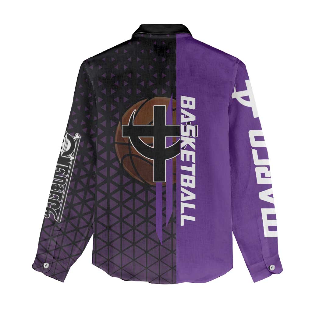 Marco One Piece Basketball Theme Purple and Black Design Women Casual Shirt with Phoenix Emblem and Action Pose - The Mazicc