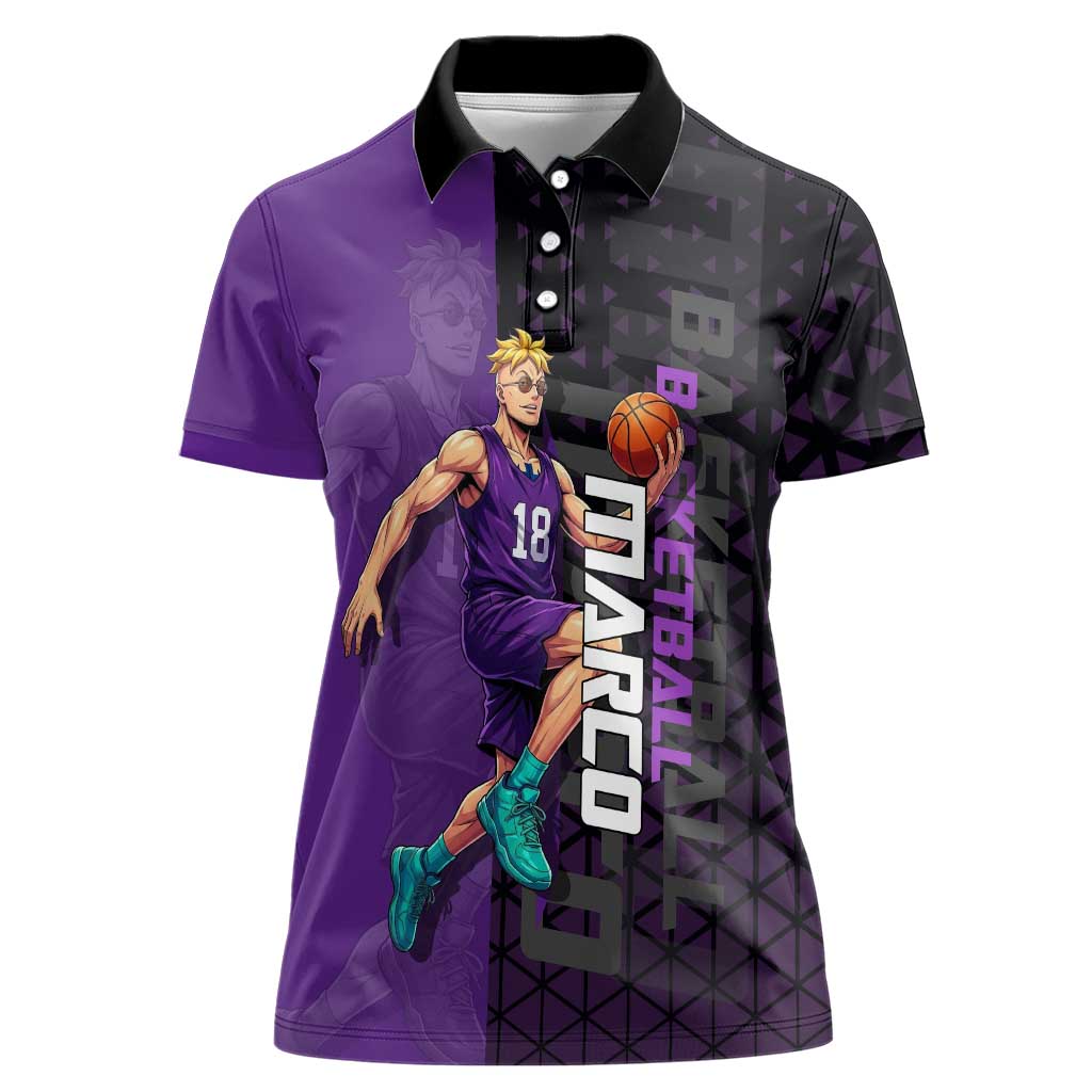 Marco One Piece Basketball Theme Purple and Black Design Women Polo Shirt with Phoenix Emblem and Action Pose - The Mazicc