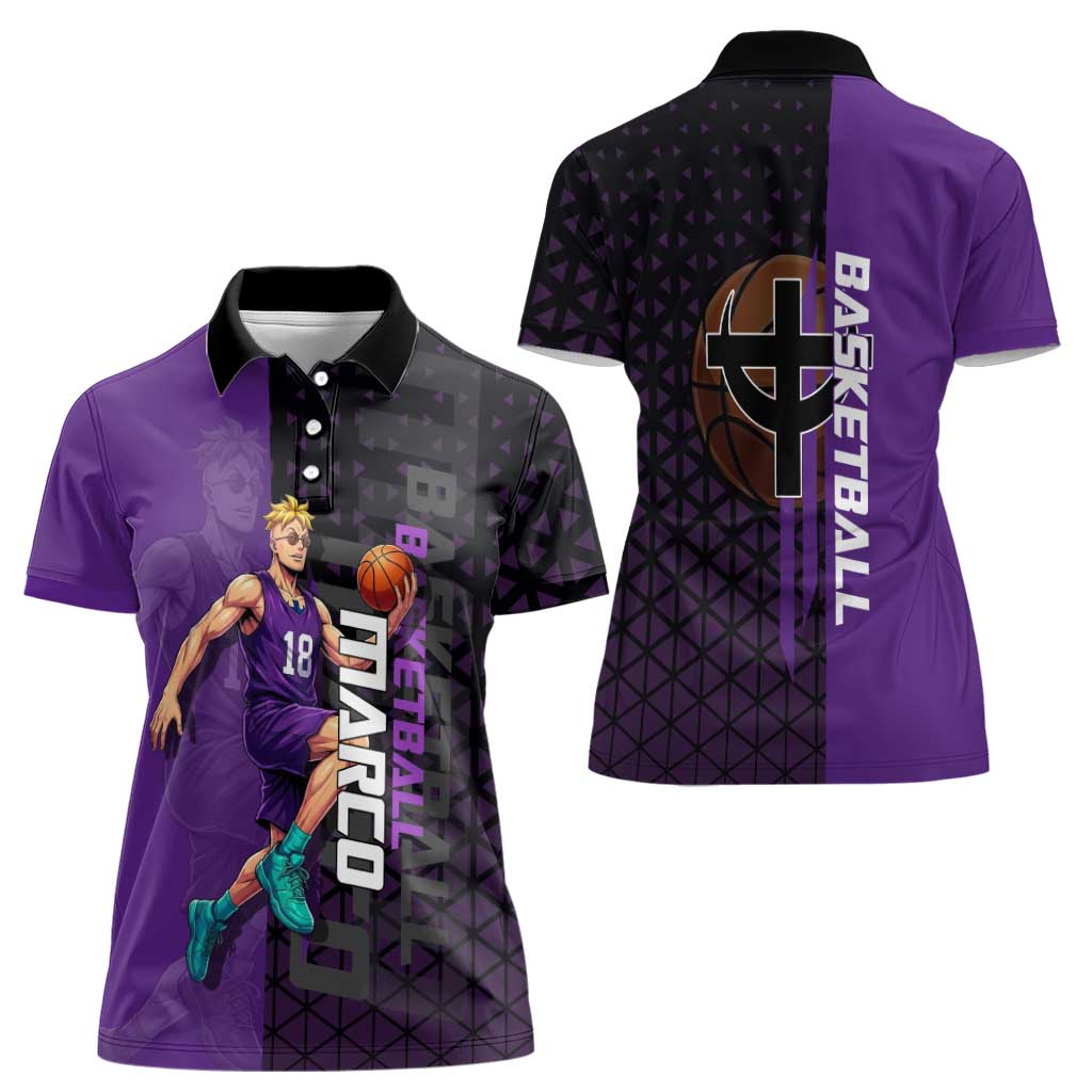 Marco One Piece Basketball Theme Purple and Black Design Women Polo Shirt with Phoenix Emblem and Action Pose - The Mazicc