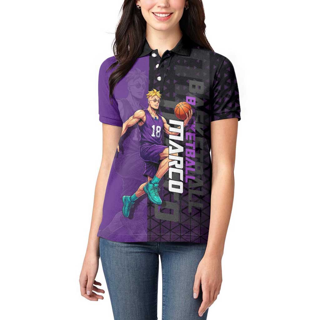 Marco One Piece Basketball Theme Purple and Black Design Women Polo Shirt with Phoenix Emblem and Action Pose - The Mazicc