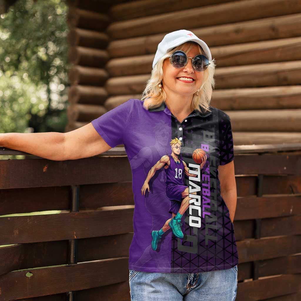 Marco One Piece Basketball Theme Purple and Black Design Women Polo Shirt with Phoenix Emblem and Action Pose - The Mazicc
