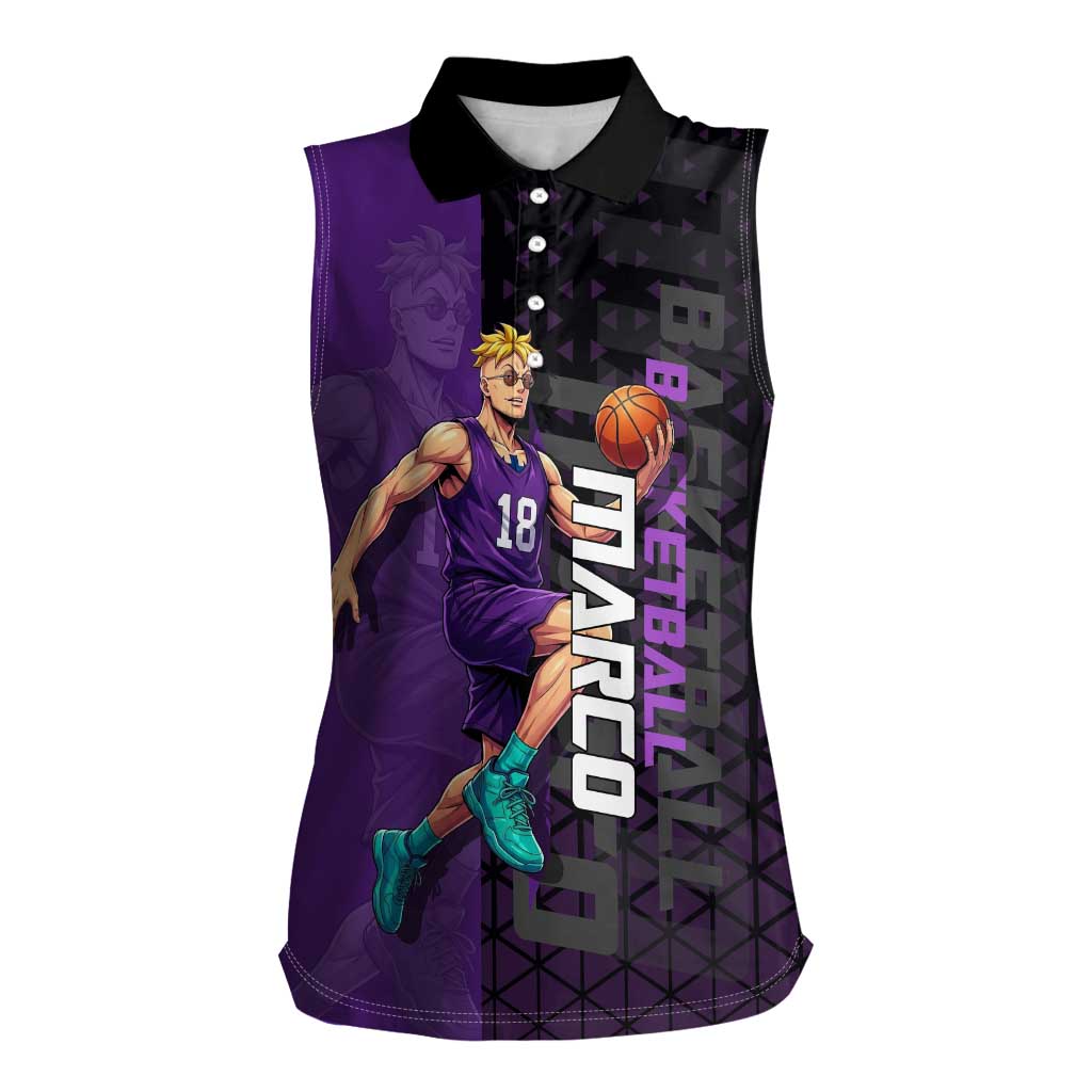 Marco One Piece Basketball Theme Purple and Black Design Women Sleeveless Polo Shirt with Phoenix Emblem and Action Pose - The Mazicc