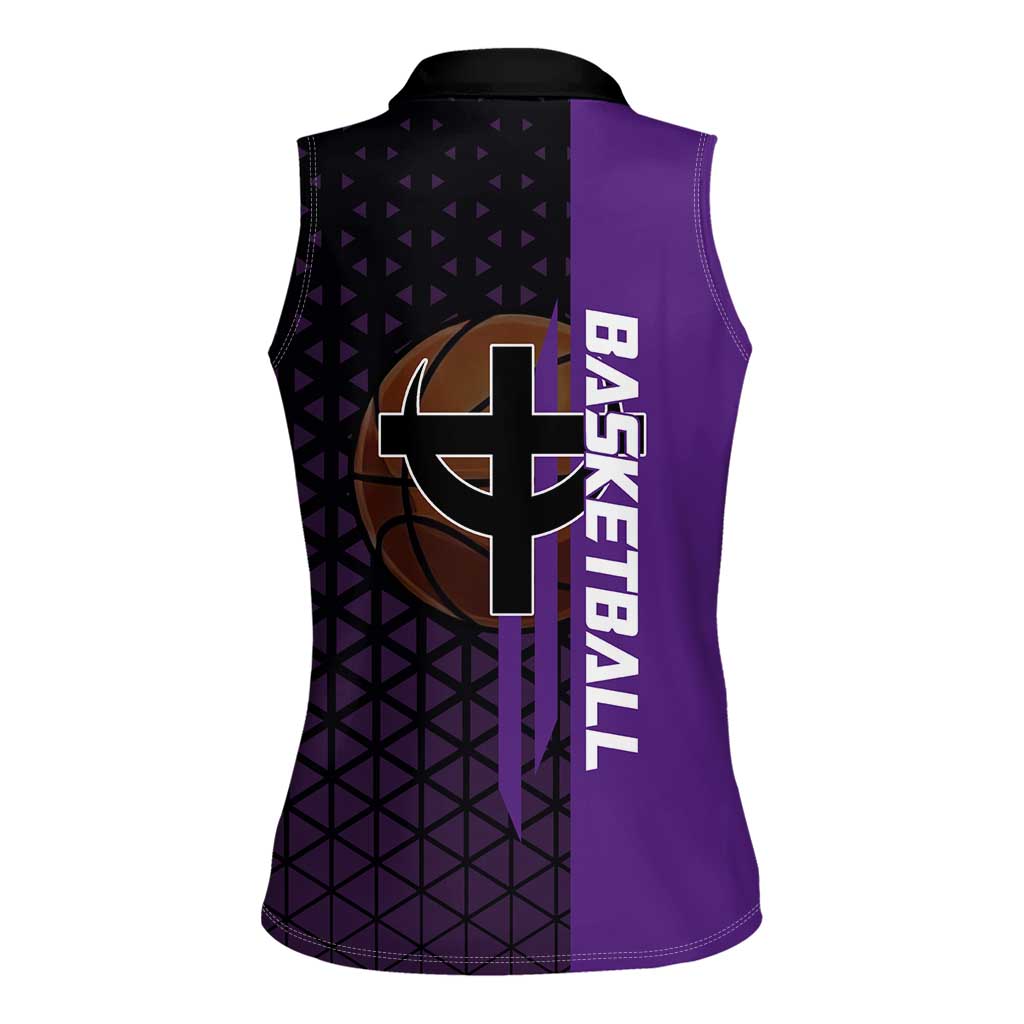 Marco One Piece Basketball Theme Purple and Black Design Women Sleeveless Polo Shirt with Phoenix Emblem and Action Pose - The Mazicc