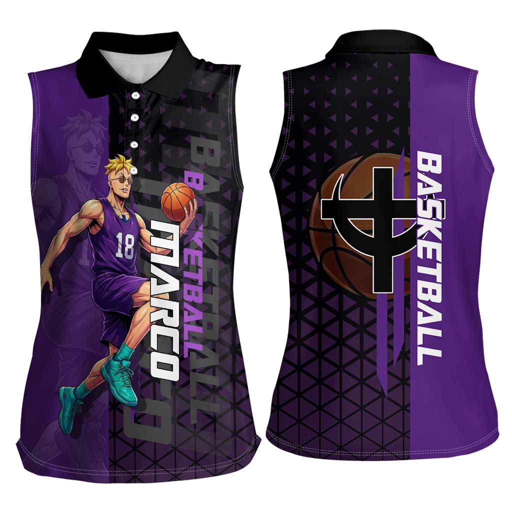 Marco One Piece Basketball Theme Purple and Black Design Women Sleeveless Polo Shirt with Phoenix Emblem and Action Pose - The Mazicc