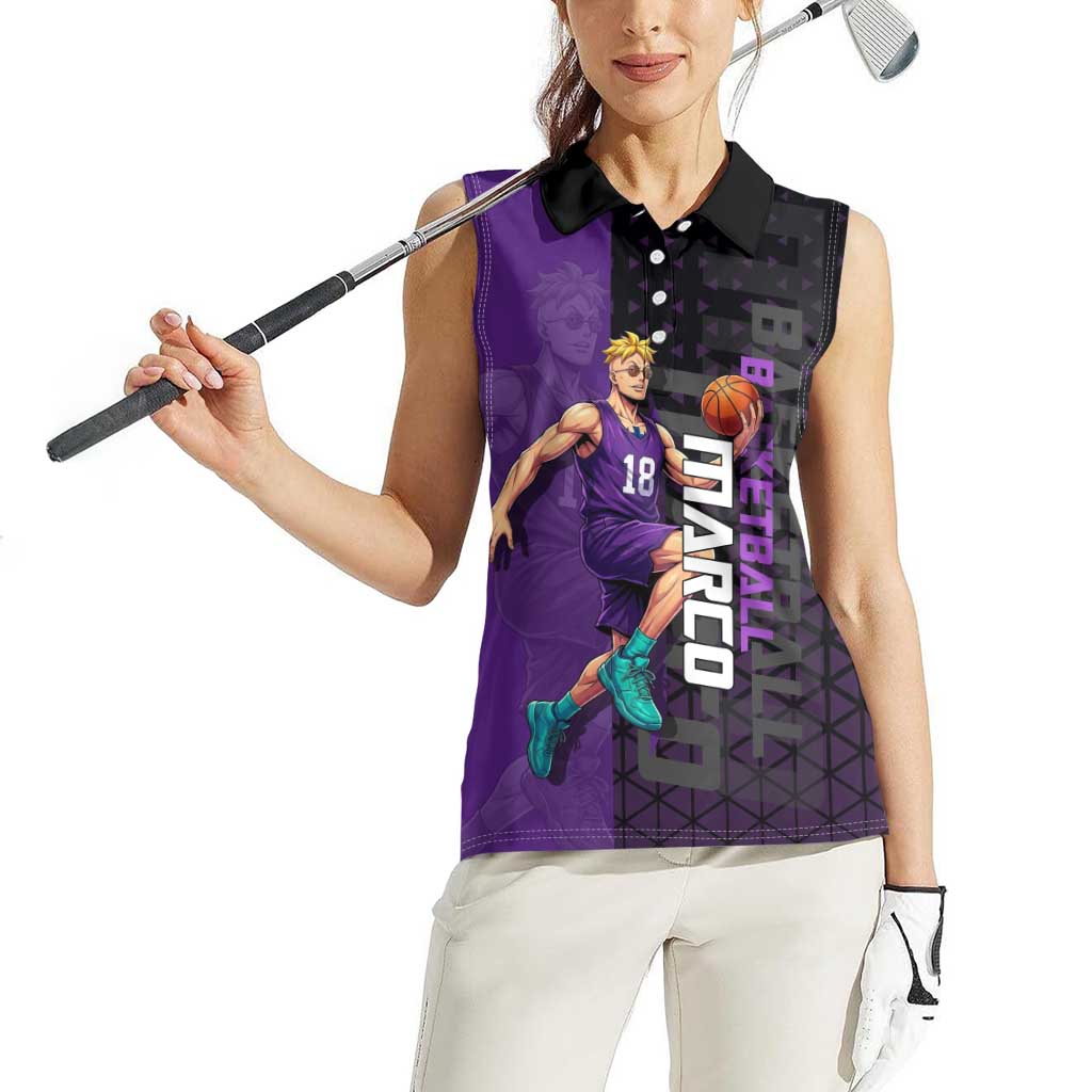 Marco One Piece Basketball Theme Purple and Black Design Women Sleeveless Polo Shirt with Phoenix Emblem and Action Pose - The Mazicc