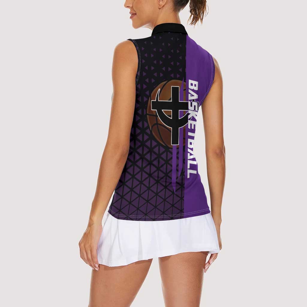 Marco One Piece Basketball Theme Purple and Black Design Women Sleeveless Polo Shirt with Phoenix Emblem and Action Pose - The Mazicc