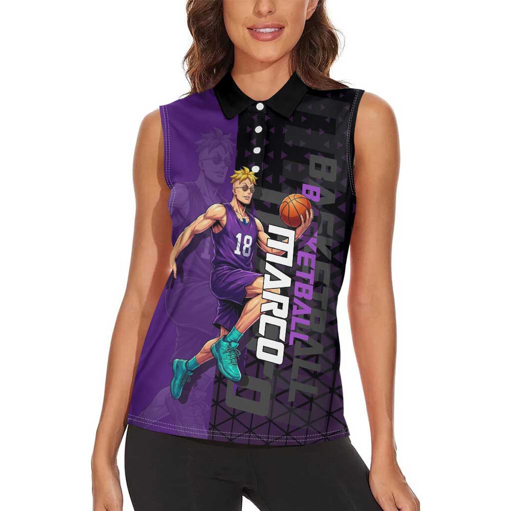 Marco One Piece Basketball Theme Purple and Black Design Women Sleeveless Polo Shirt with Phoenix Emblem and Action Pose - The Mazicc