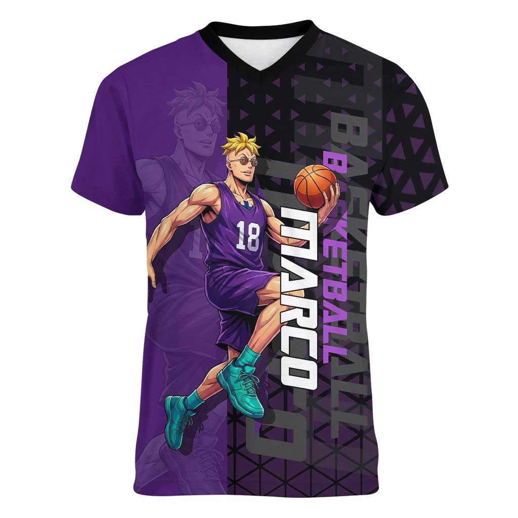 Marco One Piece Basketball Theme Purple and Black Design Women V-Neck T-Shirt with Phoenix Emblem and Action Pose - The Mazicc