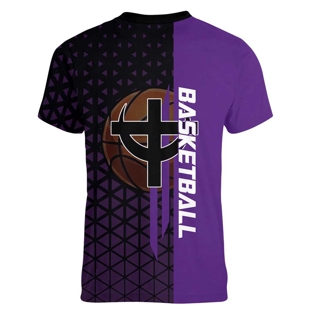 Marco One Piece Basketball Theme Purple and Black Design Women V-Neck T-Shirt with Phoenix Emblem and Action Pose - The Mazicc