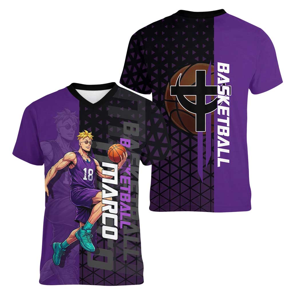 Marco One Piece Basketball Theme Purple and Black Design Women V-Neck T-Shirt with Phoenix Emblem and Action Pose - The Mazicc