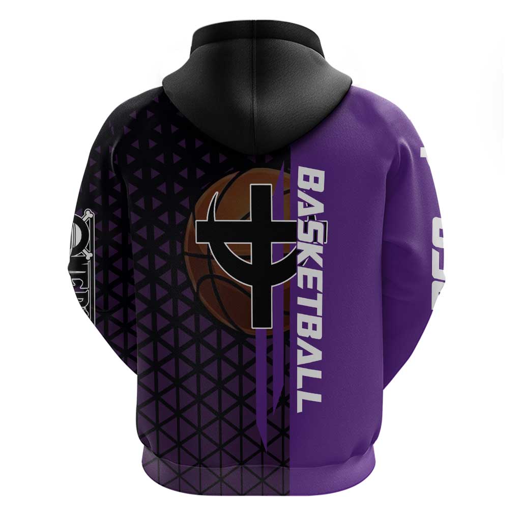 Marco One Piece Basketball Theme Purple and Black Design Zip Hoodie with Phoenix Emblem and Action Pose - The Mazicc