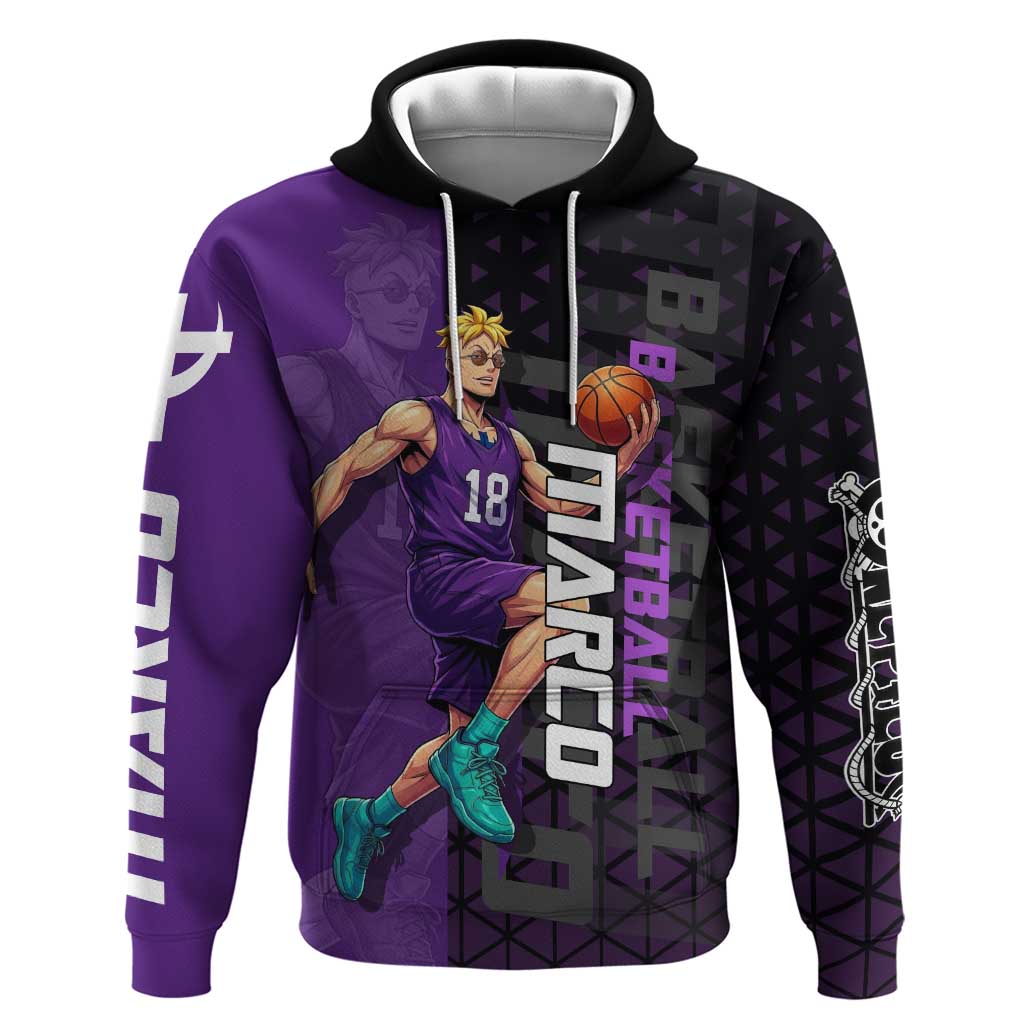 Marco One Piece Basketball Theme Purple and Black Design Zip Hoodie with Phoenix Emblem and Action Pose - The Mazicc