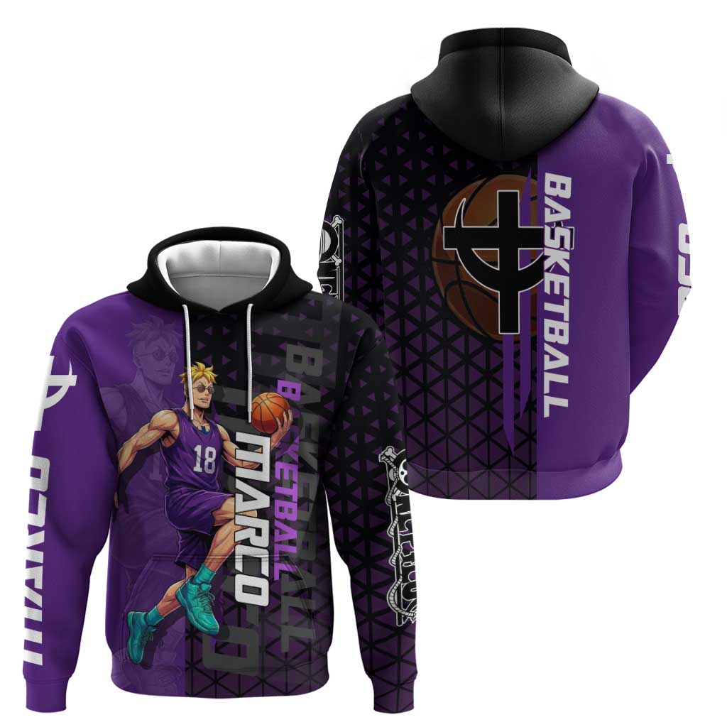 Marco One Piece Basketball Theme Purple and Black Design Zip Hoodie with Phoenix Emblem and Action Pose - The Mazicc