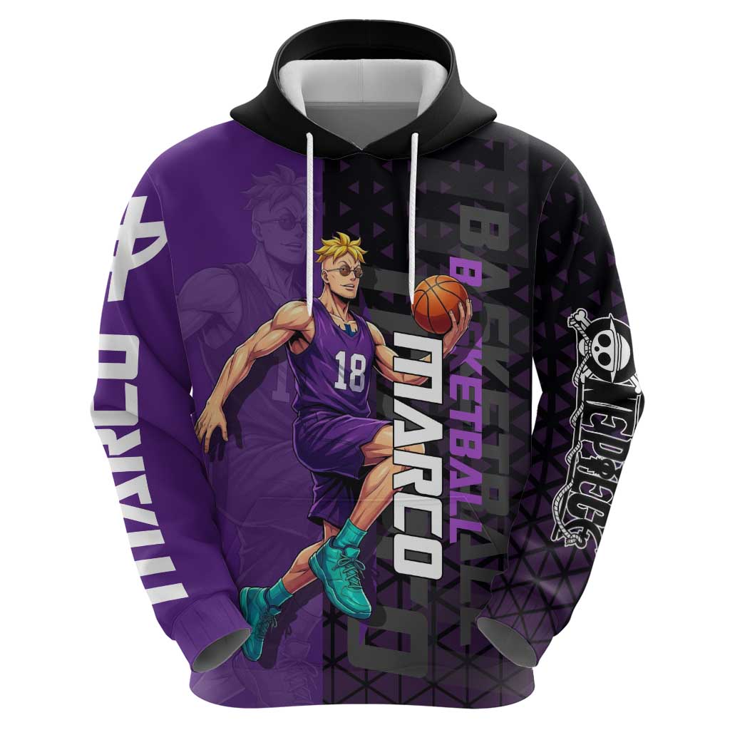 Marco One Piece Basketball Theme Purple and Black Design Zip Hoodie with Phoenix Emblem and Action Pose - The Mazicc
