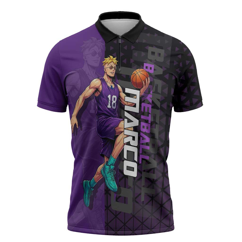 Marco One Piece Basketball Theme Purple and Black Design Zipper Polo Shirt with Phoenix Emblem and Action Pose - The Mazicc