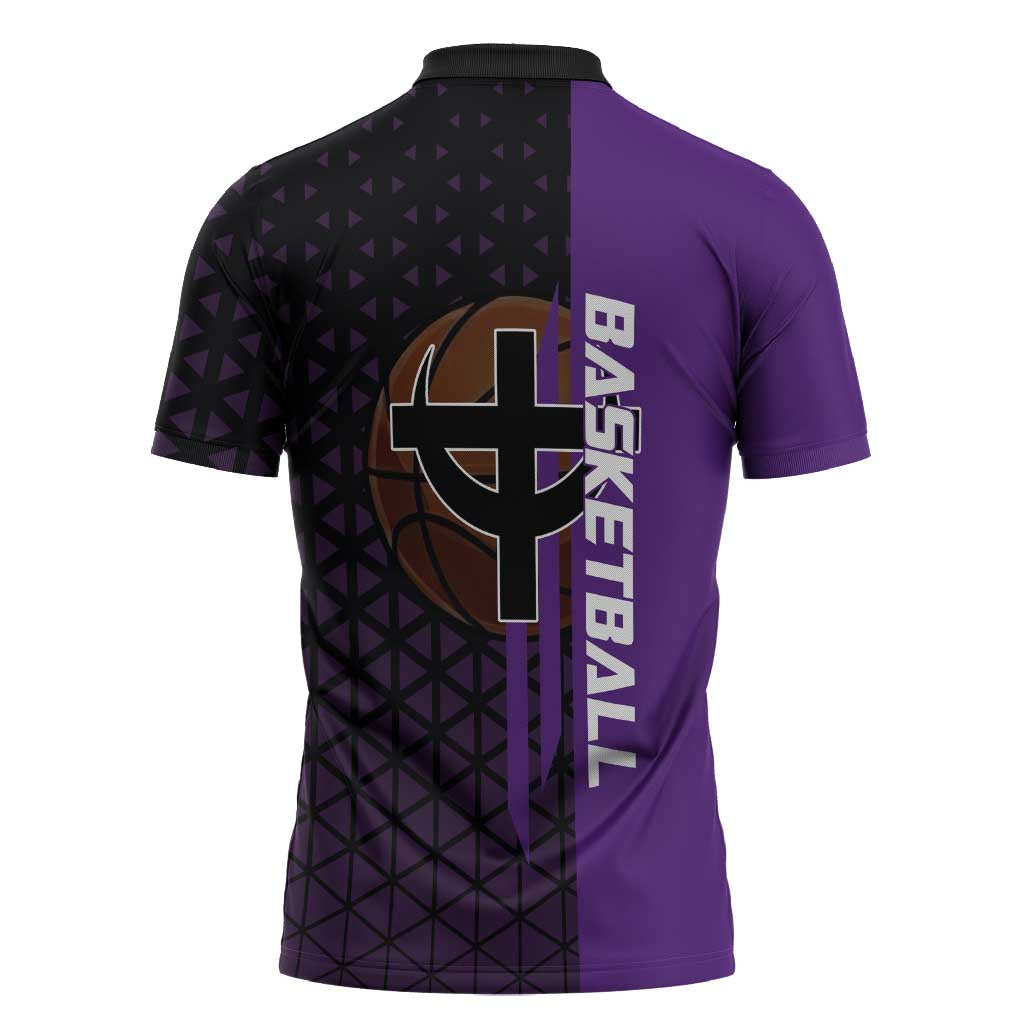 Marco One Piece Basketball Theme Purple and Black Design Zipper Polo Shirt with Phoenix Emblem and Action Pose - The Mazicc