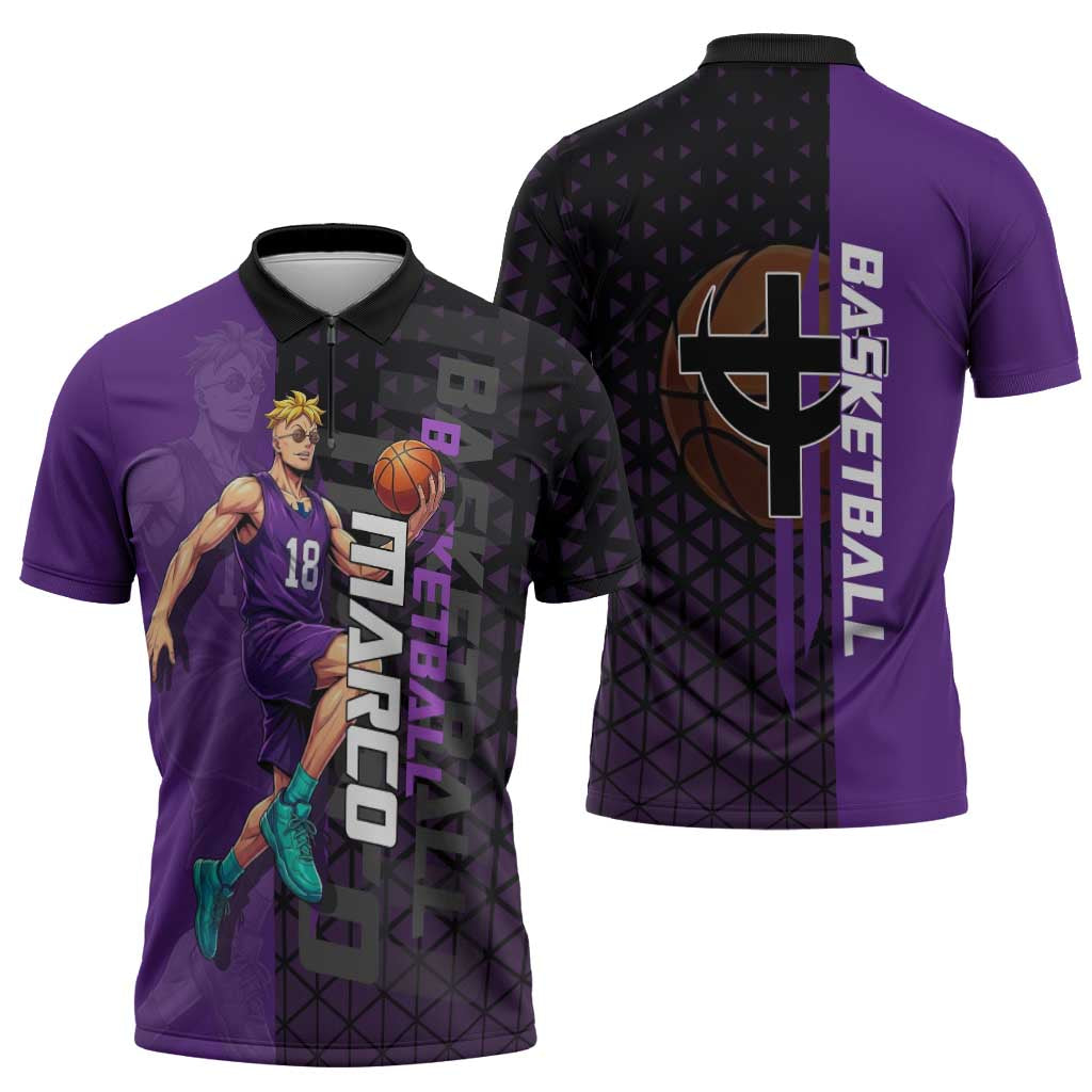 Marco One Piece Basketball Theme Purple and Black Design Zipper Polo Shirt with Phoenix Emblem and Action Pose - The Mazicc