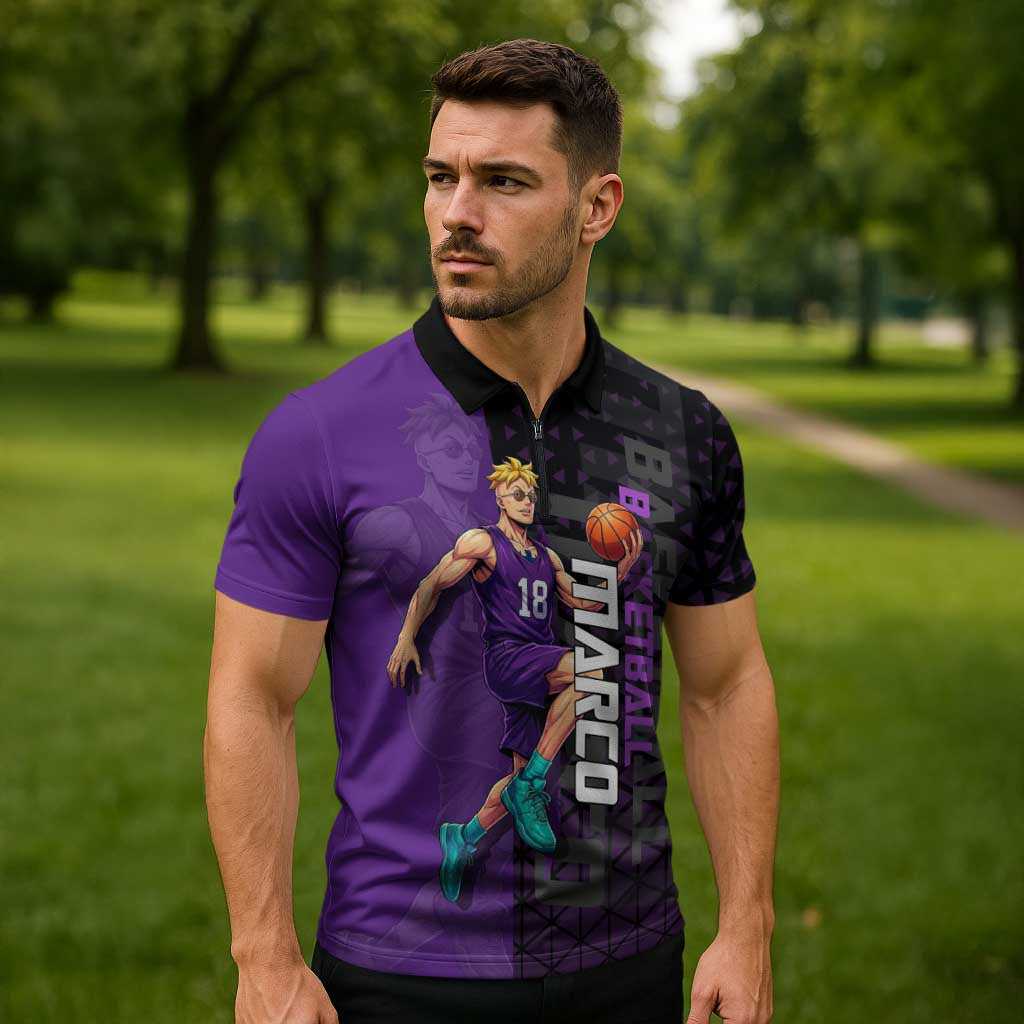 Marco One Piece Basketball Theme Purple and Black Design Zipper Polo Shirt with Phoenix Emblem and Action Pose - The Mazicc