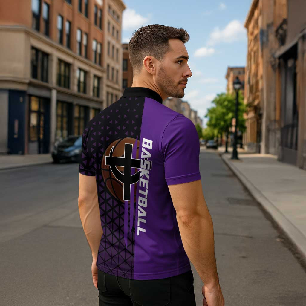 Marco One Piece Basketball Theme Purple and Black Design Zipper Polo Shirt with Phoenix Emblem and Action Pose - The Mazicc