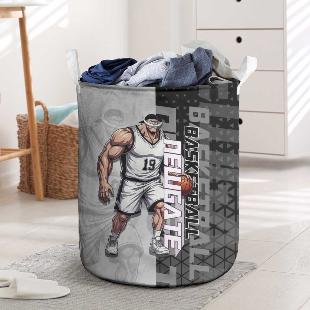 Whitebeard Newgate One Piece Basketball Theme Black and White Design Laundry Basket with Crossed Moustache Emblem and Dominant Pose - The Mazicc