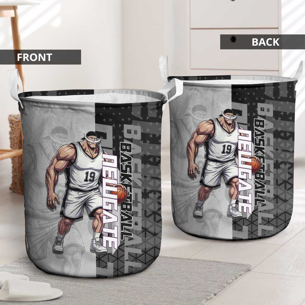 Whitebeard Newgate One Piece Basketball Theme Black and White Design Laundry Basket with Crossed Moustache Emblem and Dominant Pose - The Mazicc