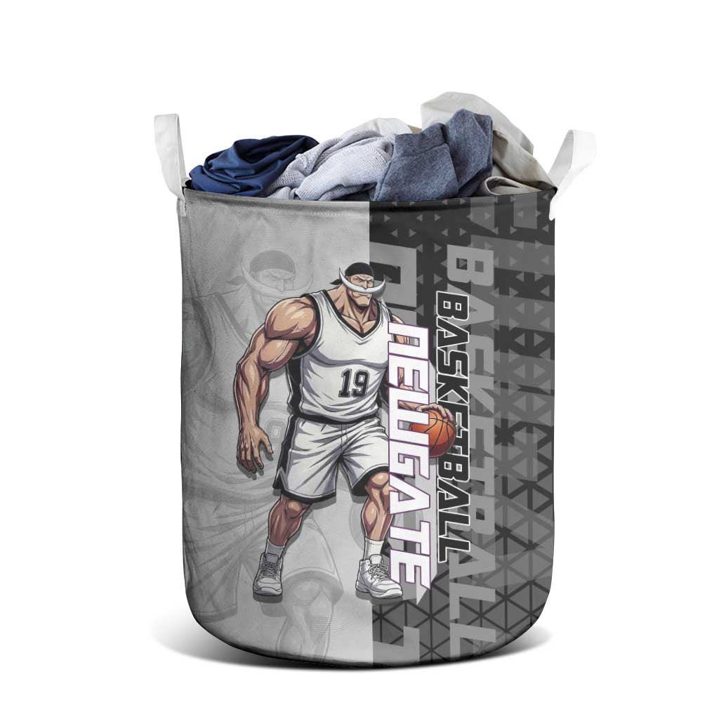 Whitebeard Newgate One Piece Basketball Theme Black and White Design Laundry Basket with Crossed Moustache Emblem and Dominant Pose - The Mazicc