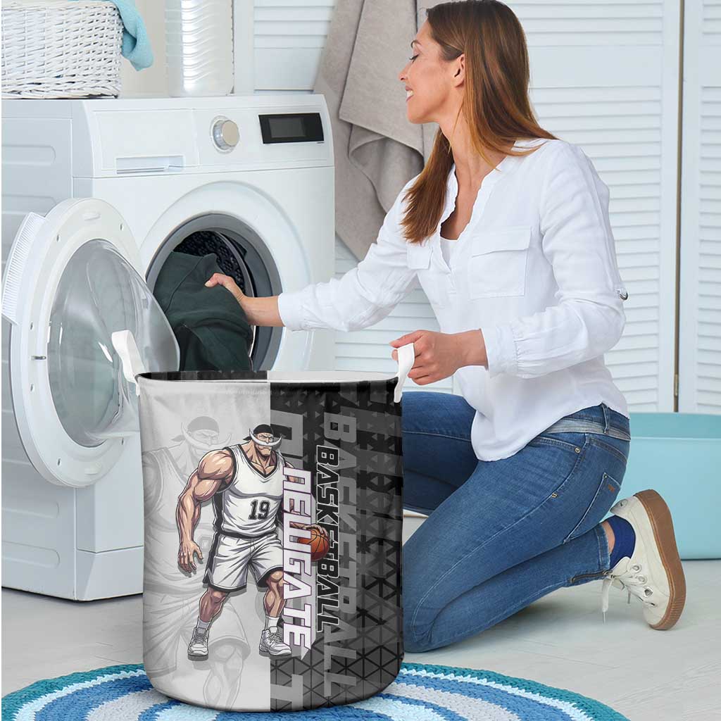 Whitebeard Newgate One Piece Basketball Theme Black and White Design Laundry Basket with Crossed Moustache Emblem and Dominant Pose - The Mazicc