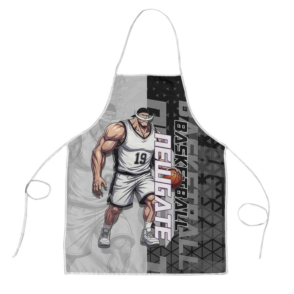 Whitebeard Newgate One Piece Basketball Theme Black and White Design Apron with Crossed Moustache Emblem and Dominant Pose - The Mazicc