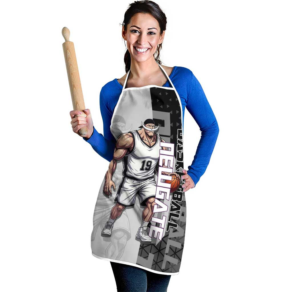 Whitebeard Newgate One Piece Basketball Theme Black and White Design Apron with Crossed Moustache Emblem and Dominant Pose - The Mazicc