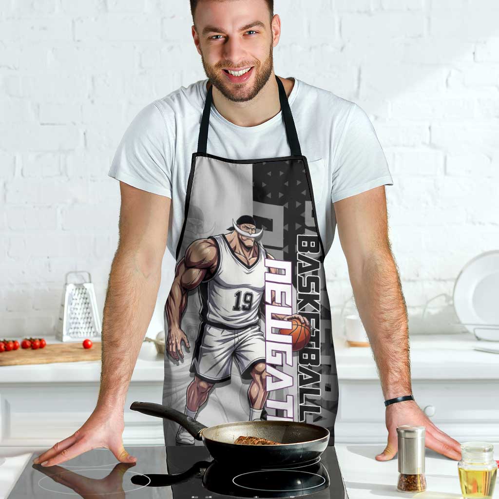 Whitebeard Newgate One Piece Basketball Theme Black and White Design Apron with Crossed Moustache Emblem and Dominant Pose - The Mazicc