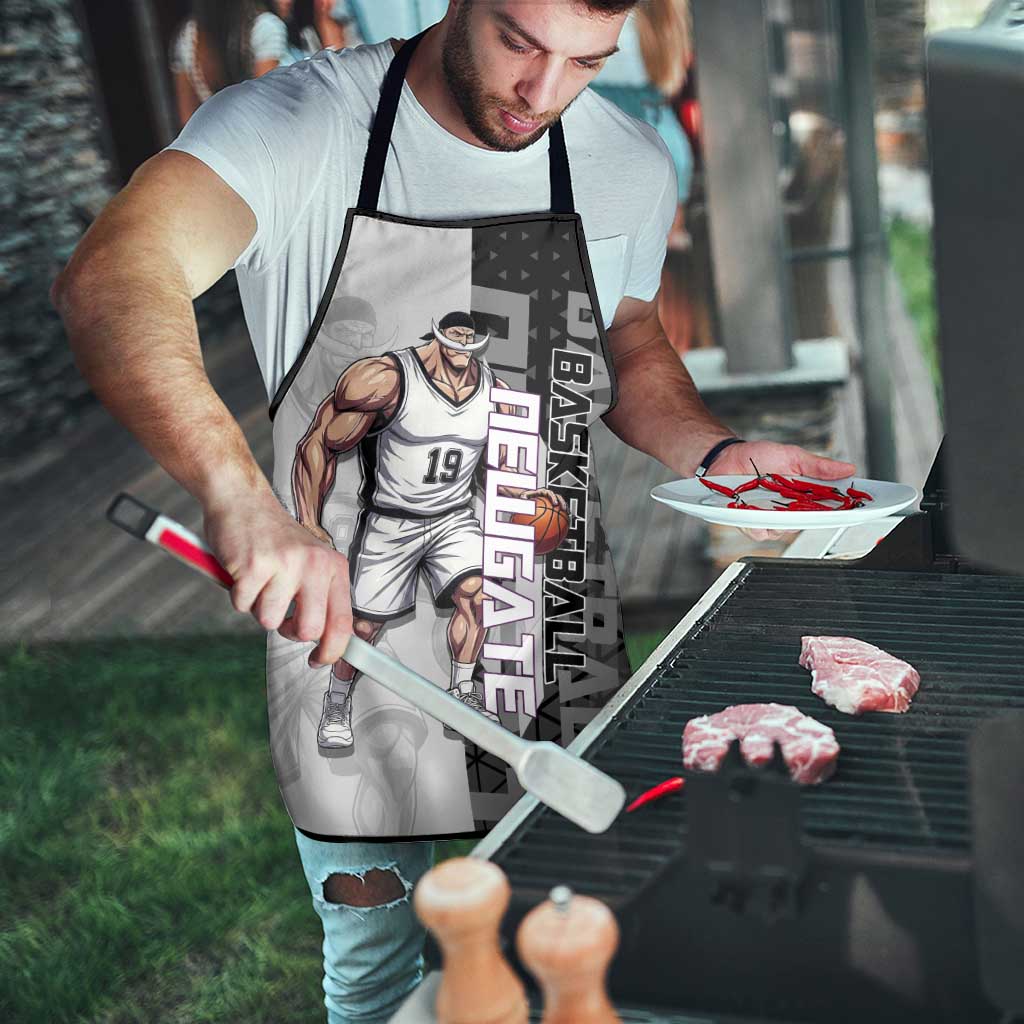 Whitebeard Newgate One Piece Basketball Theme Black and White Design Apron with Crossed Moustache Emblem and Dominant Pose - The Mazicc